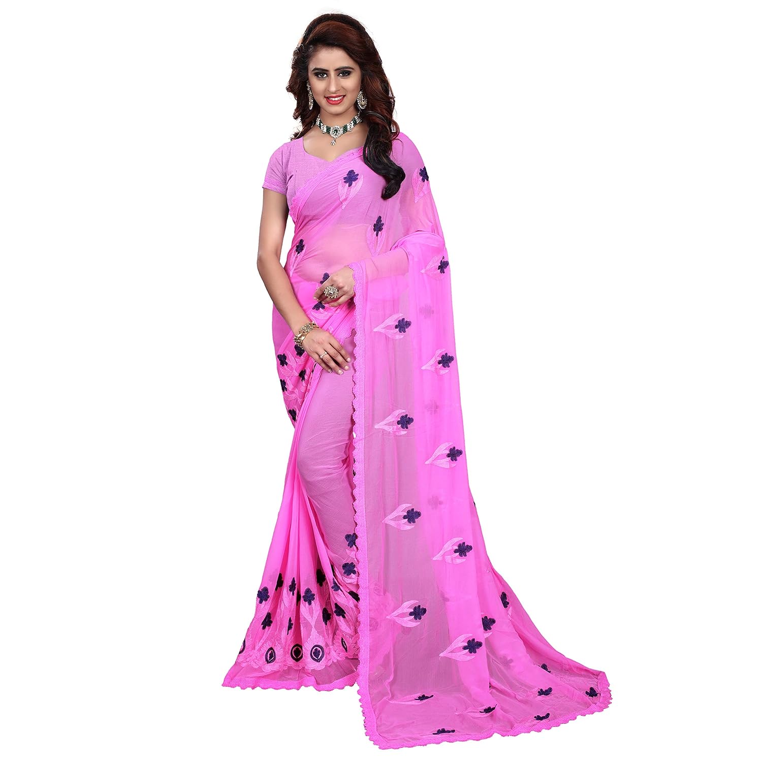being banarasi women's chiffon embroidery saree with blouse piece(free size)