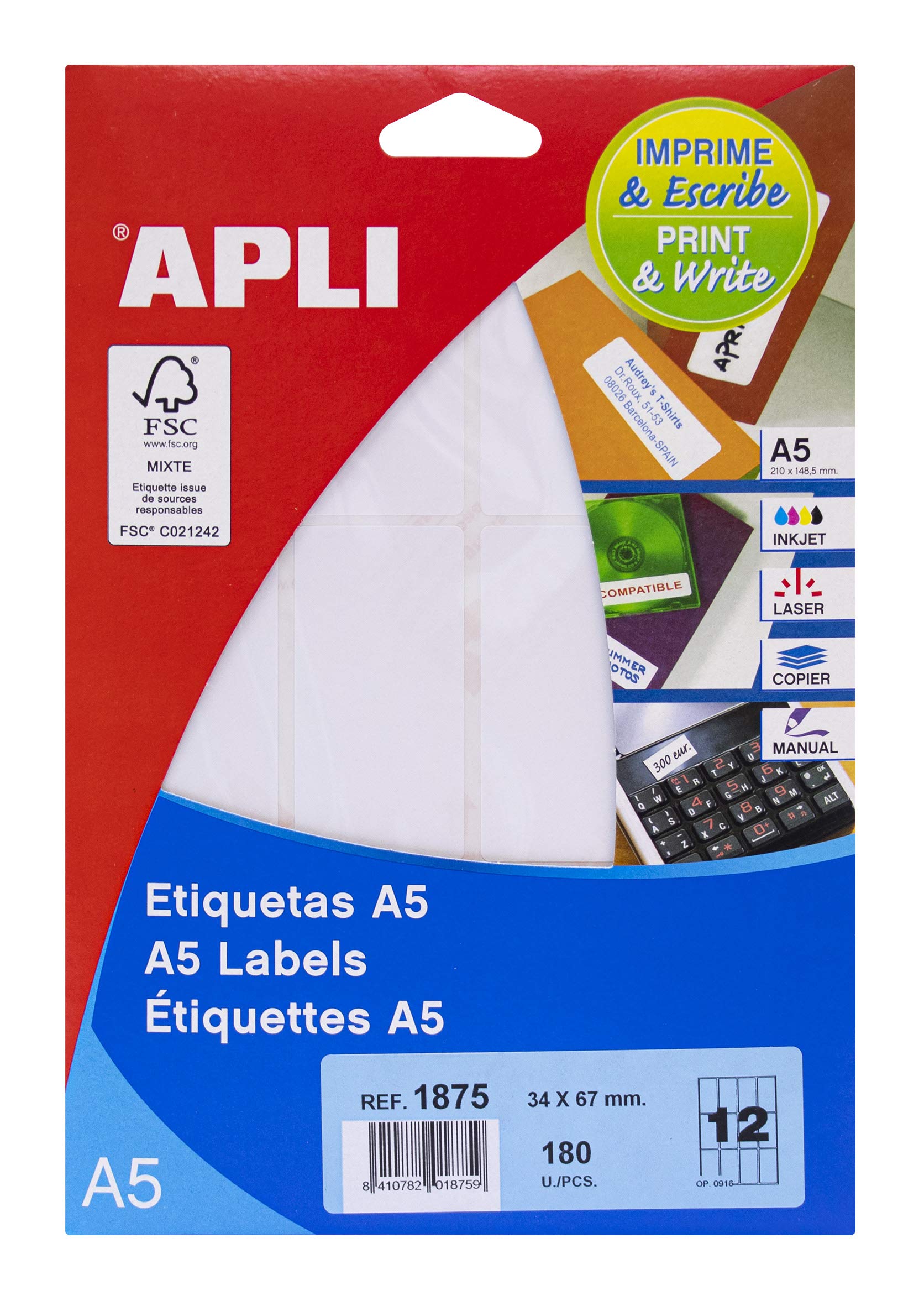 APLI 1875 - A5 White Labels 34 x 67 mm 15 Sheets