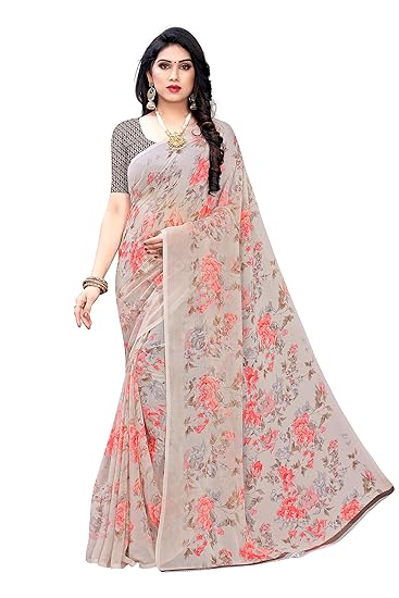 Womens Green Chiffon Printed Saree With Blouse Piece