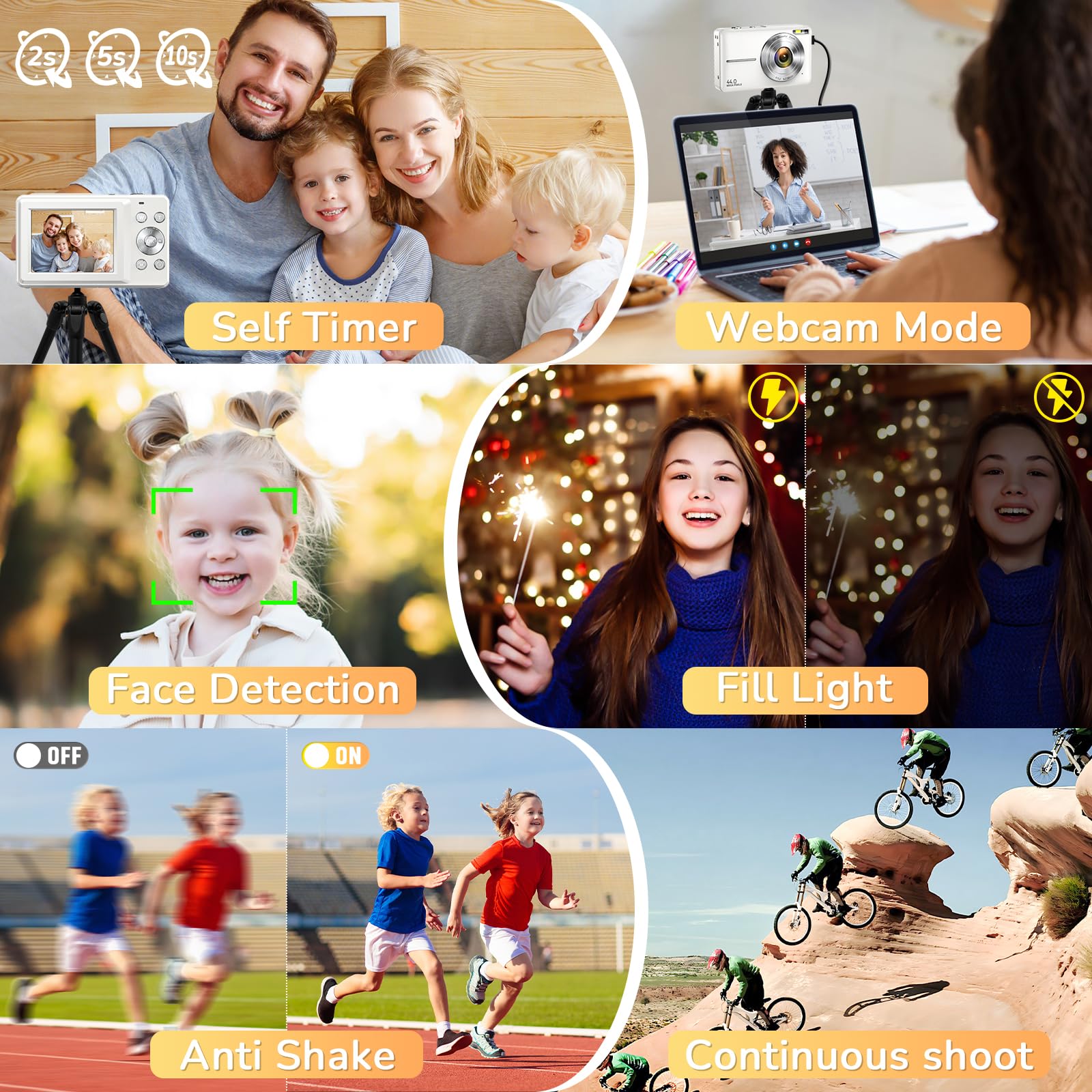 Digital Camera, Jukanur Upgraded Camera for Kids with 32GB Card, 16X Zoom, Point and Shoot Digital Camera with Anti-Shake, Timestamp, Flashlight, Portable Travel Camera for Teens Girls,Boys, White