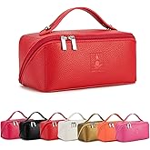 ROYALFAIR Travel Makeup Bag,Large Capacity Cosmetic Bags for Women, PU Leather Waterproof Portable Pouch Open Flat Toiletry Bag Make up Organizer with Divider and Handle (red)