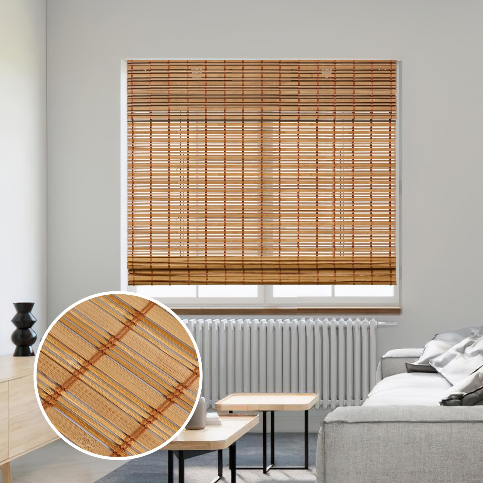 SMONTER Bamboo Roman Shades for Windows-Cordless Wooden Woven Blinds Light Filtering Bamboo Roll up 