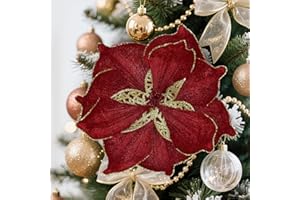 Alupssuc 16 PCS Poinsettia Christmas Flowers Artificial, Glitter Magnolia Poinsettia Flowers Artificial, Sparkling Christmas Decorations for Xmas Tree Party Wreath Fireplace, Burgundy
