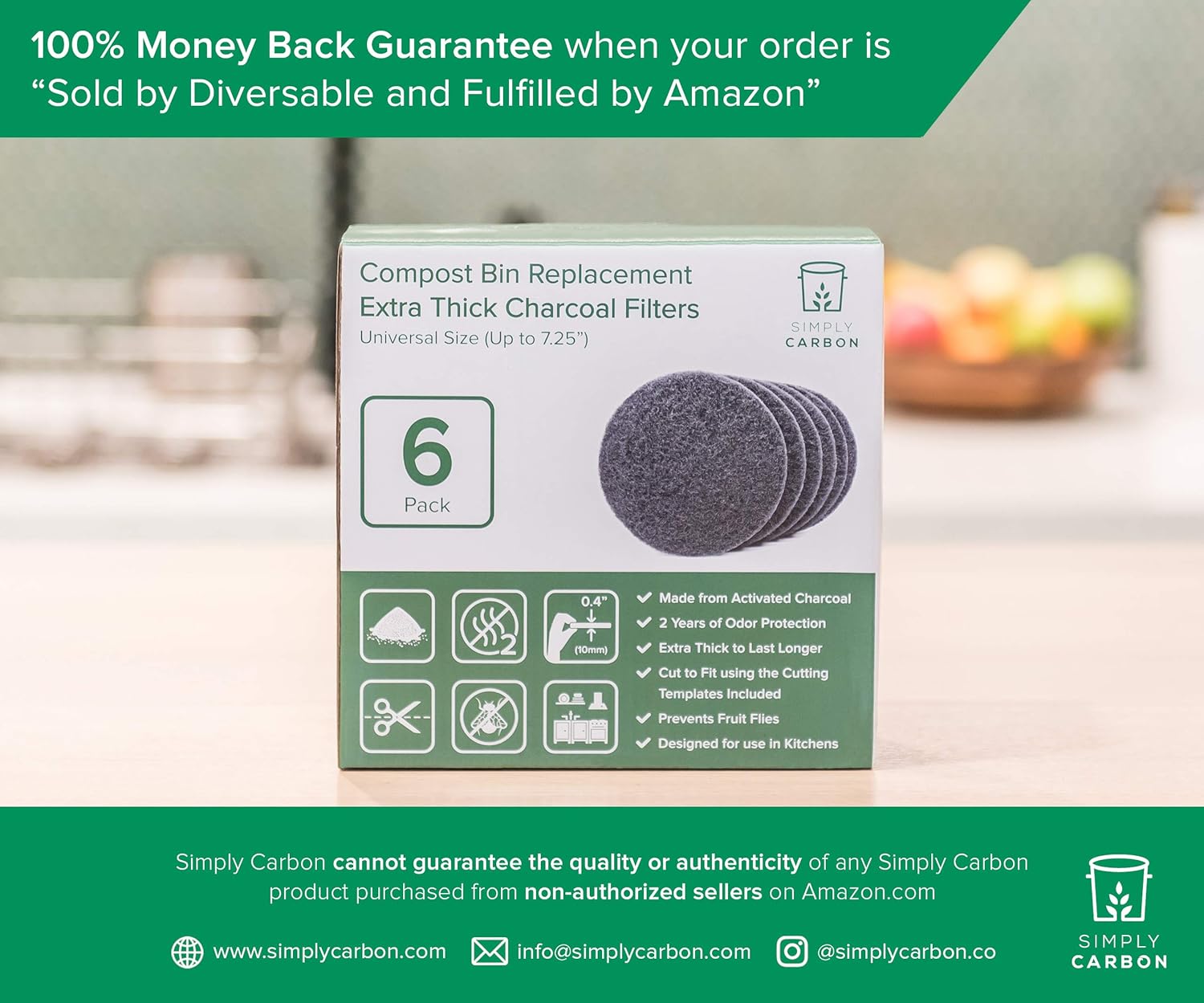 2 Years Supply Extra Thick Filters for Kitchen Compost Bins - Longer Lasting Activated Charcoal - Universal Size Fits ALL Compost Bins up to 7.25" Filter Size - Replacement Set of 6 (by Simply Carbon) : Garden & Outdoor