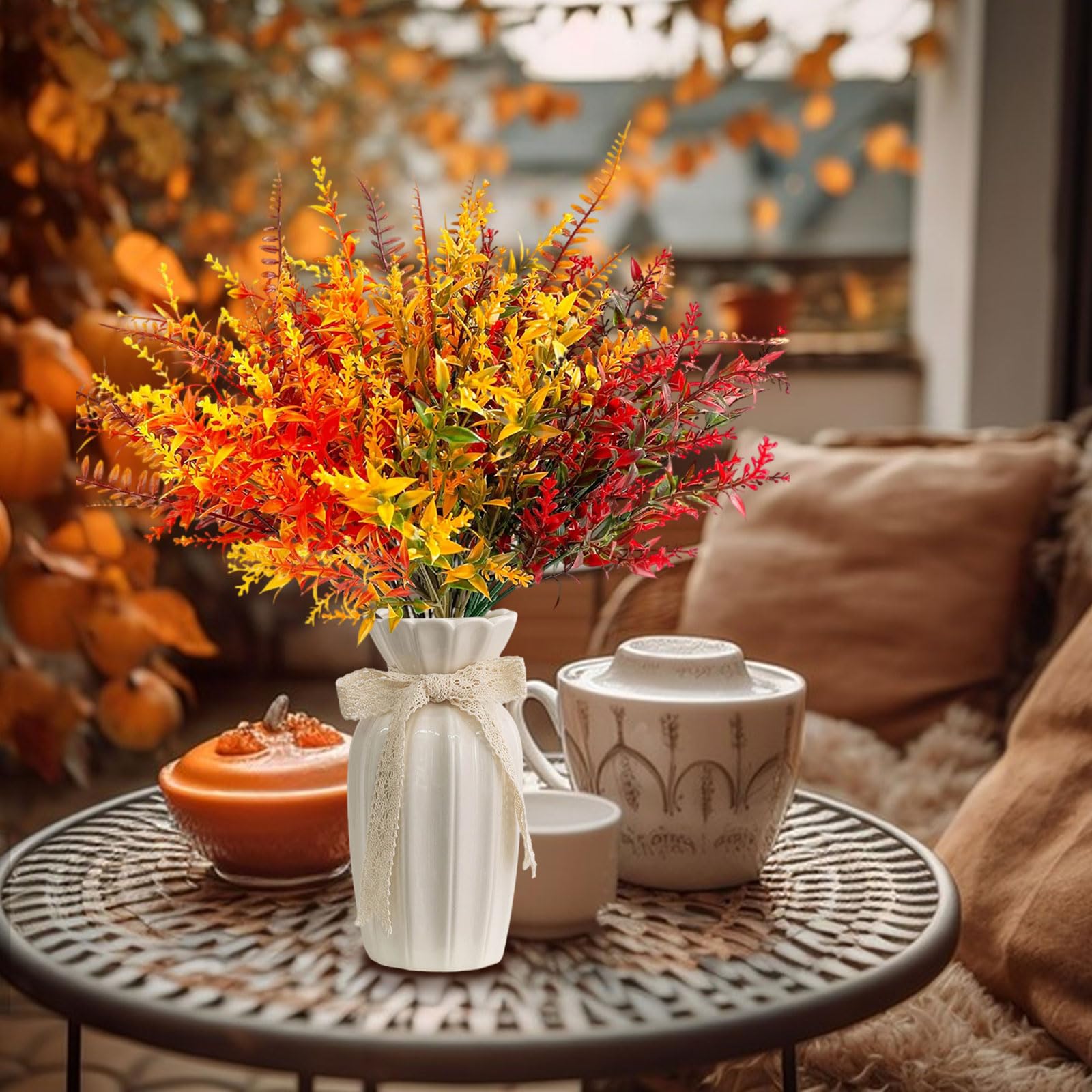 12 Bündel Künstliche Herbstblumen Herbststrauß Herbstdeko, Kunststoff Lavendel Persergras Kunstblumen Deko, Herbst Farbverlauf Herbstblätter Herbstzweige Blumen Balkonpflanzen für Innen und Draußen 4