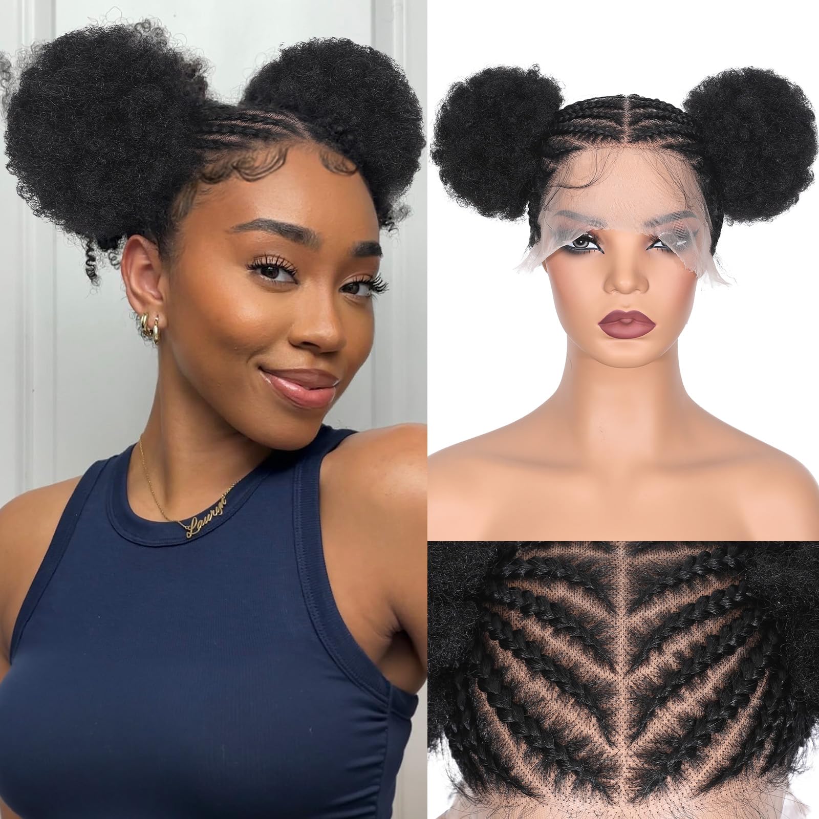 Photo 1 of Lady Miranda Full Lace Braided Wig with Afro Puff Wigs for Black Women Short Braid Wig with Baby Hair Cornrow Box Braid Wigs for Black Women Short Lace Front Synthetic Fully Handmade Hair