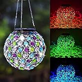Solar Hanging Lantern Outdoor Lights, Dual LEDs Color Changing and Cool White Hanging Light Waterproof Crystal Globe Lamp Decoration in Garden, Pathway, Front Door - Multi Color