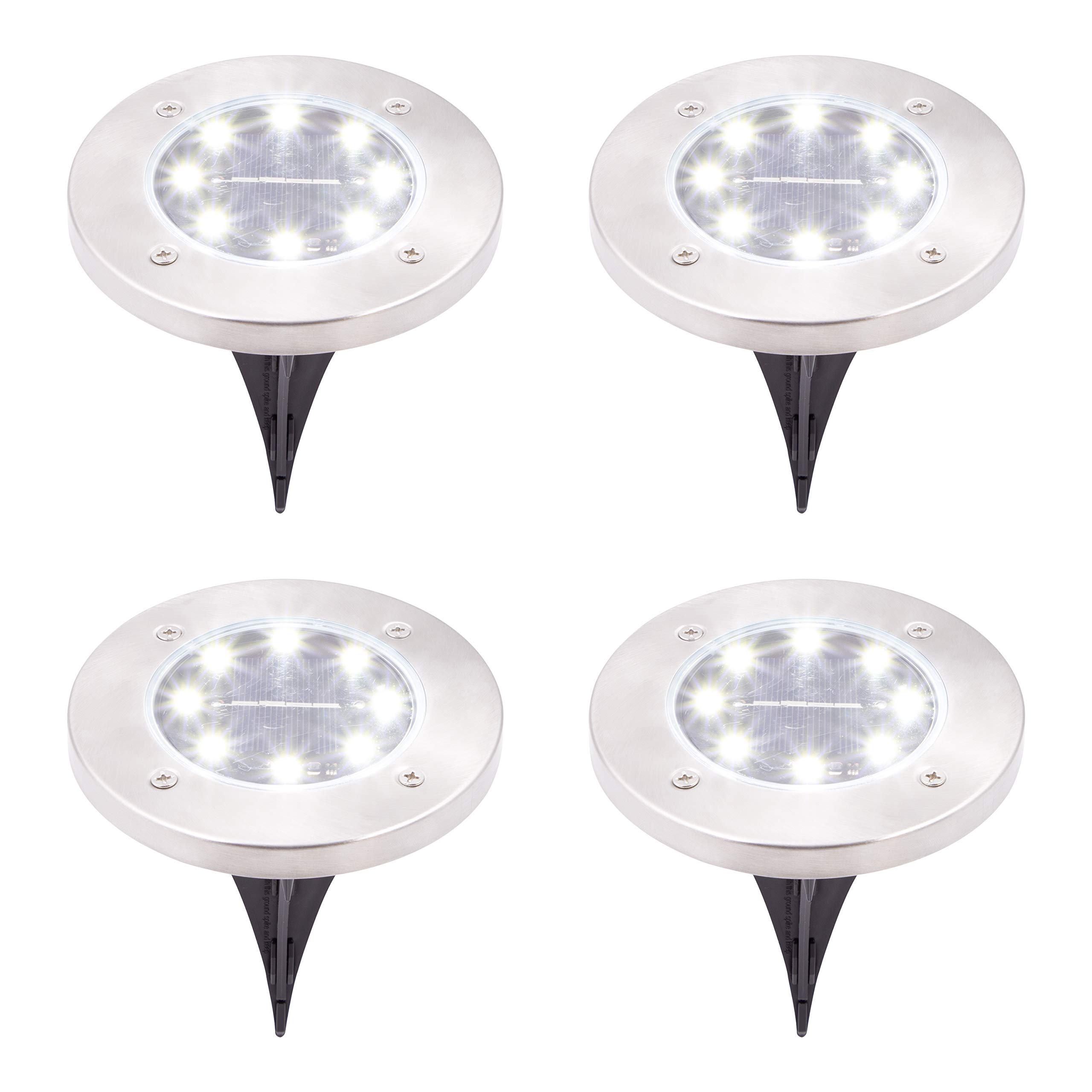 GardenKraft Stainless Steel Solar Ground Lights/Solar Powered/Easy Installation / IP67 Waterproof / 2 Colours (Bright White, 4 Pack)