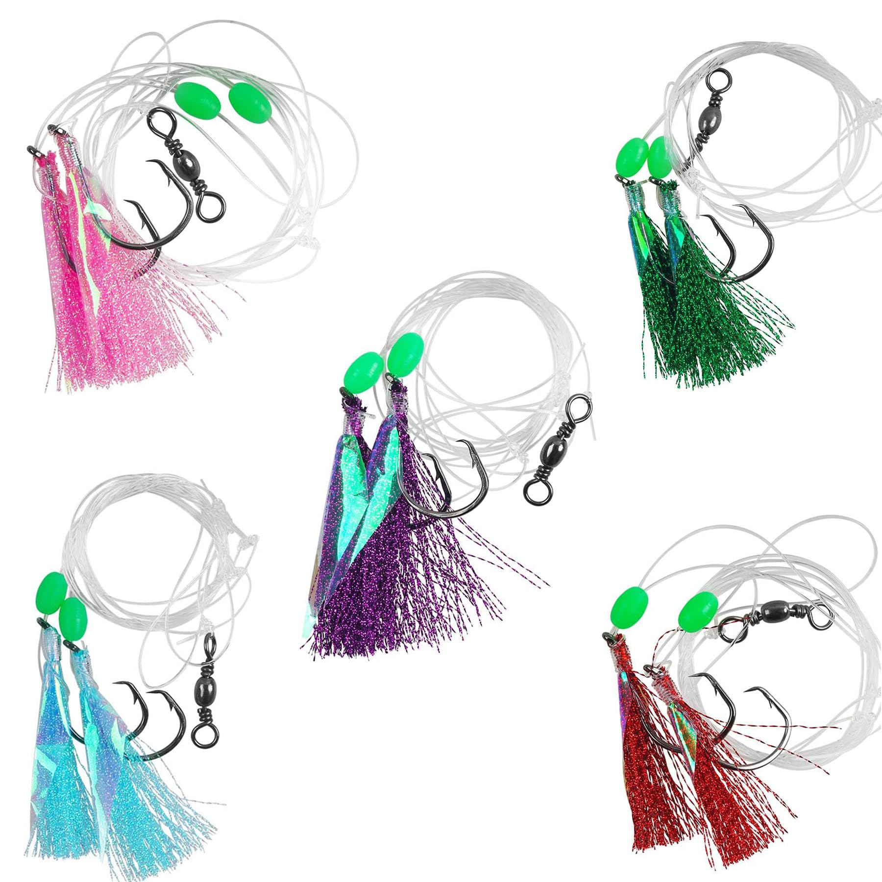 Fishing Bait Rigs, 5Packs Saltwater Flounder Rigs with Mono Leader Swivel Fish Skin for Flounder Sea Bass Halibut Pompano Fishing