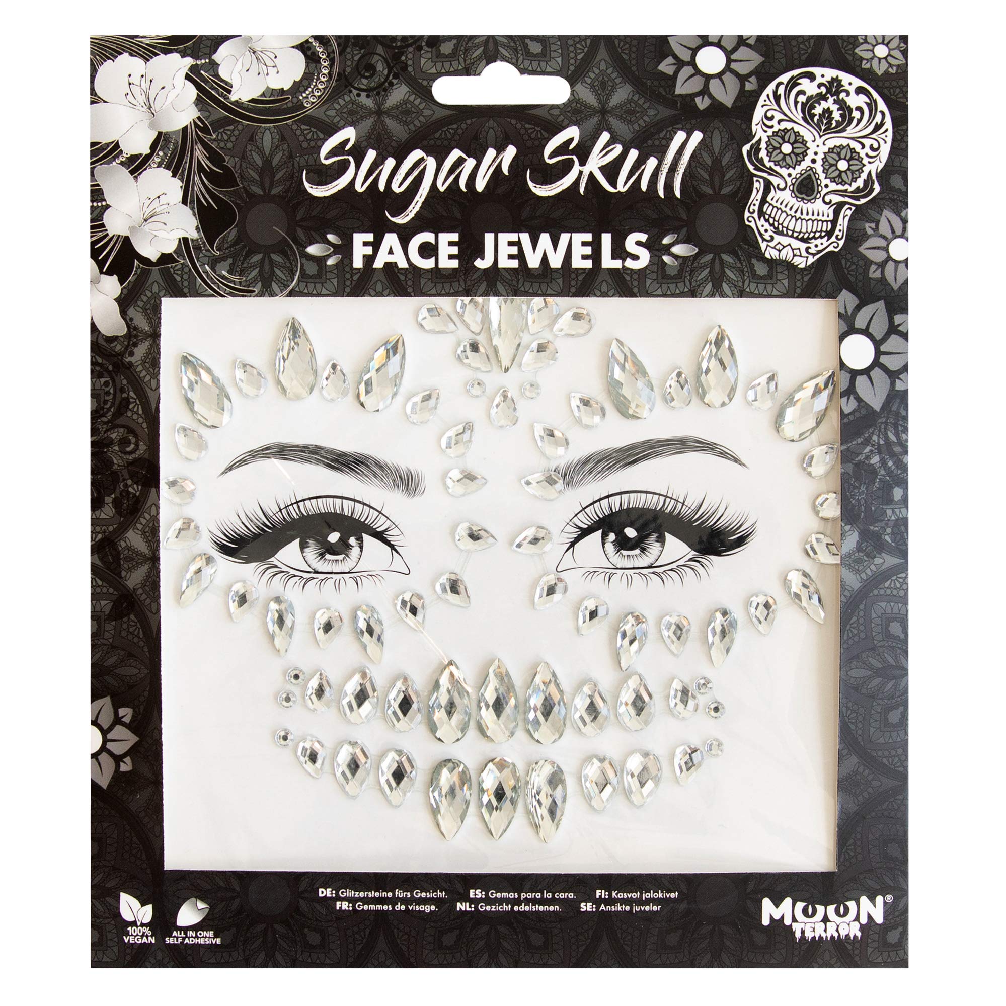 Face Jewels by Moon Terror | Sugar Skull | Festival Face Body Gems, SFX Make up, Crystal Make up Eye Glitter Stickers, Temporary Tattoo Jewels, Special Effects Make up