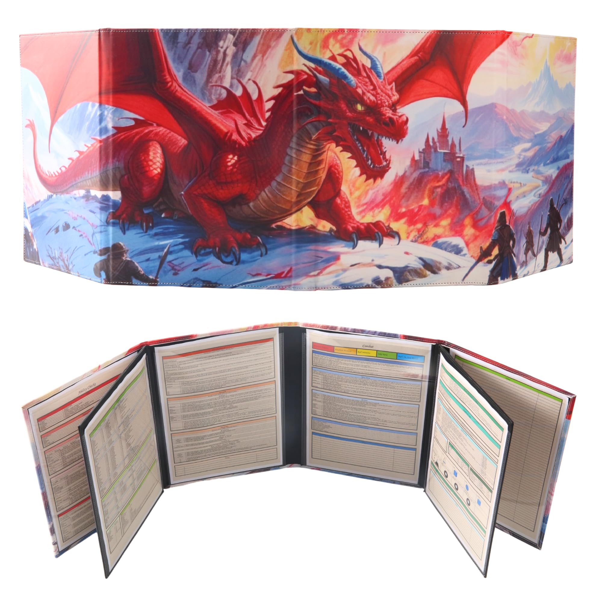 DND 5e DM Screen 8 Faux Leather Deluxe Panel 2 Swinging Wet Erase Pockets and Dungeon Master Cheat Sheet Dungeons and Dragons GM Terrain Accessories TTRPG Map Gift for D&D Game Master Players — image 1