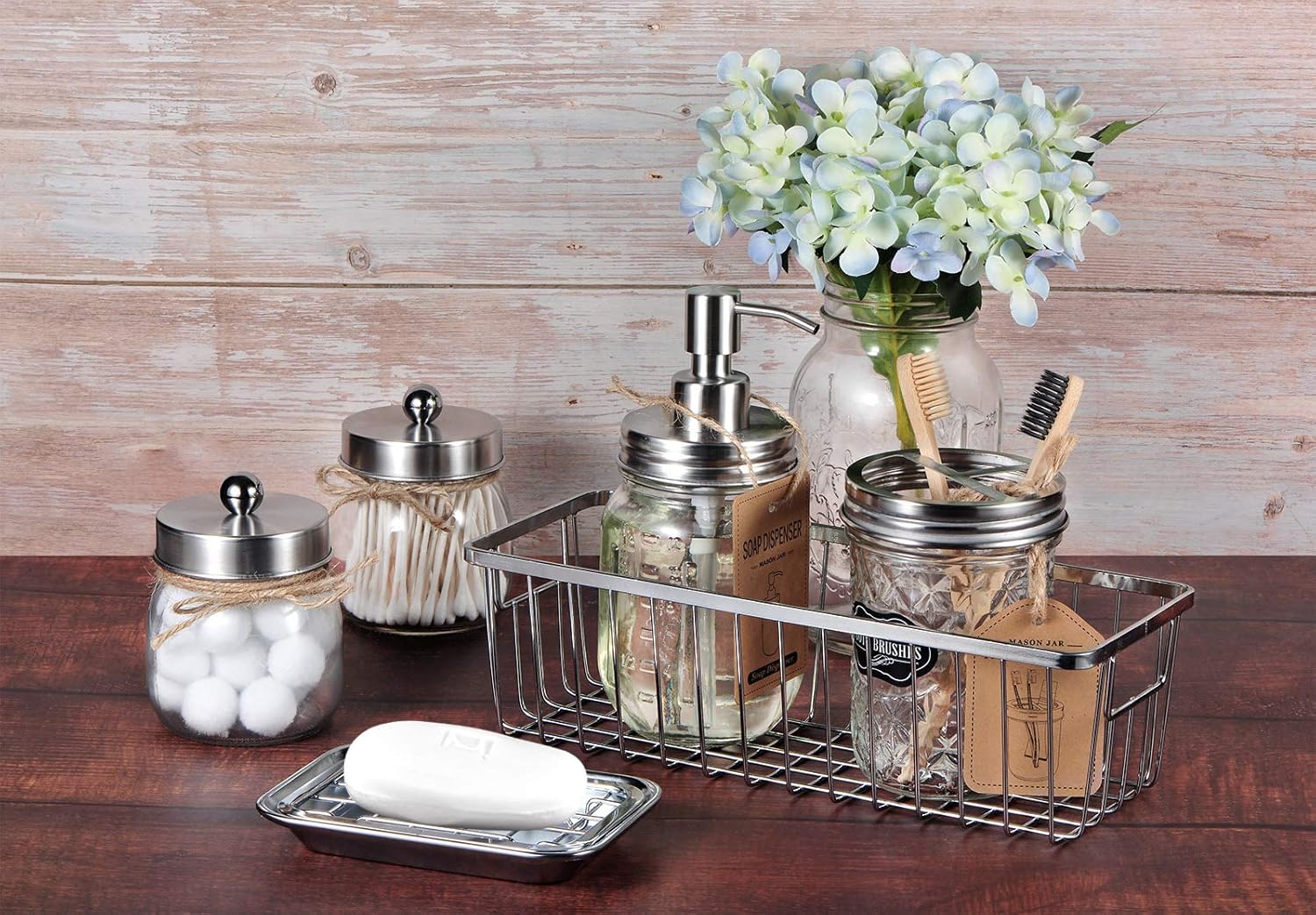 Mason Jar Bathroom Accessories Set- 6PCS - Lotion Soap Dispenser,Toothbrush Holder,2 Apothecary Jars(Qtip Holder), Soap Dish,Storage Organizer Basket - Rustic Farmhouse Decor (Brushed Nickel): Kitchen & Dining