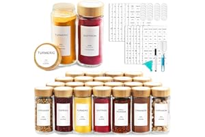 AISIPRIN 24 Pcs Glass Spice Jars with Bamboo Airtight Lids and 398 Labels, 4oz Empty Round Containers Seasoning Storage Bottl