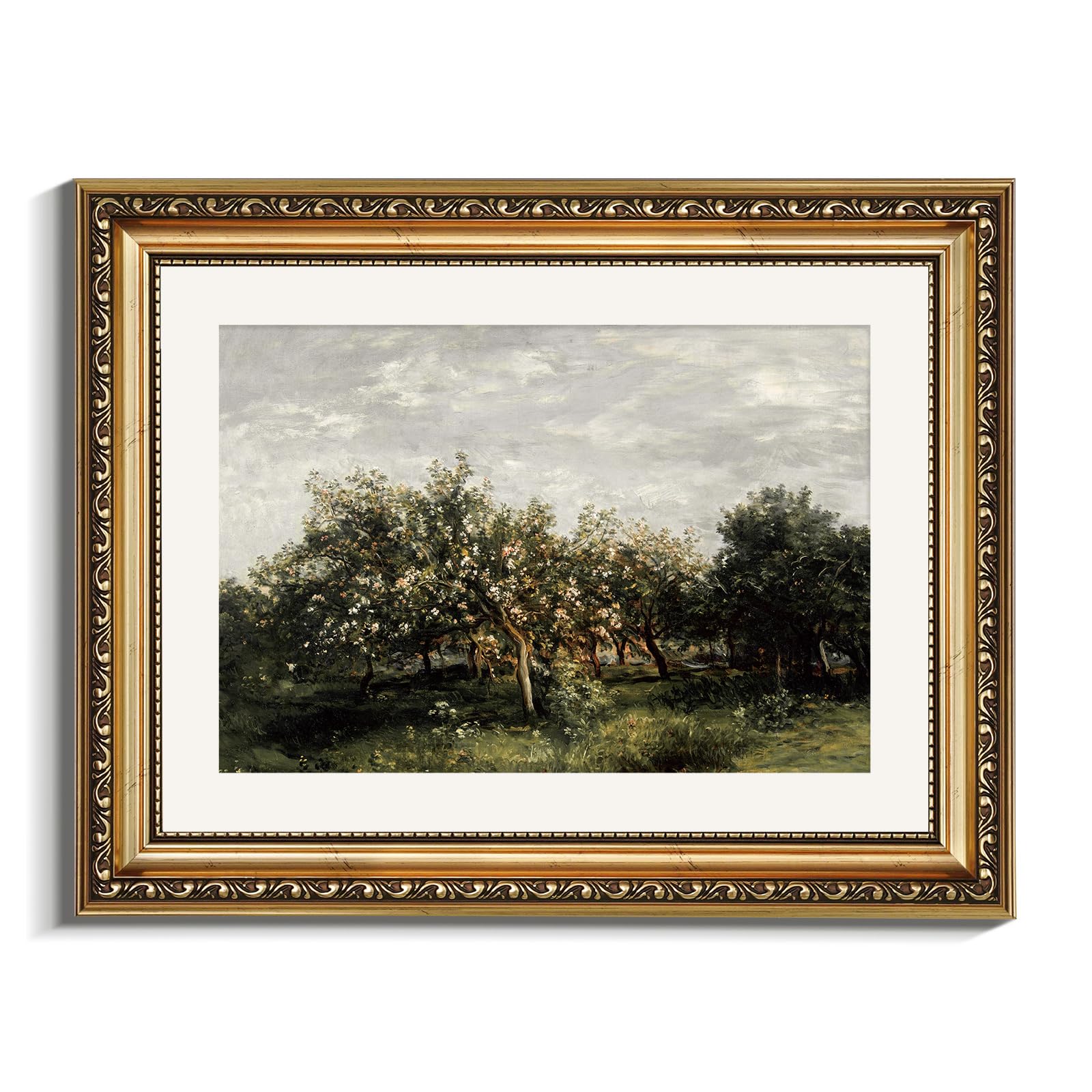 Photo 1 of VIYYIEA Gold Framed Wall Art Canvas Print Home Decor Fruit Trees Vintage Oil Painting Prints Modern Blossom Apple Tree Pictures Botanical Landscape Farmhouse Wall Decor for Bedroom Bathroom 11x14in