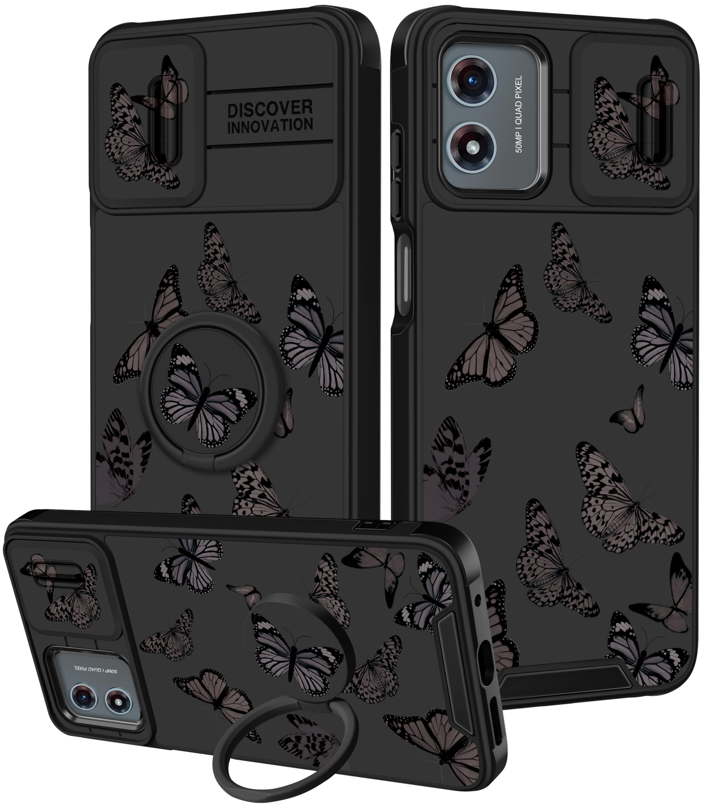 Photo 1 of Funermei for Moto G Play 4G 2024 Case - Women Girls Cute Phone Cover Girly Pretty Aesthetic Black Butterfly Unique Design with Camera Cover and Ring Stand Funda for Motorola G Play 4G 2024