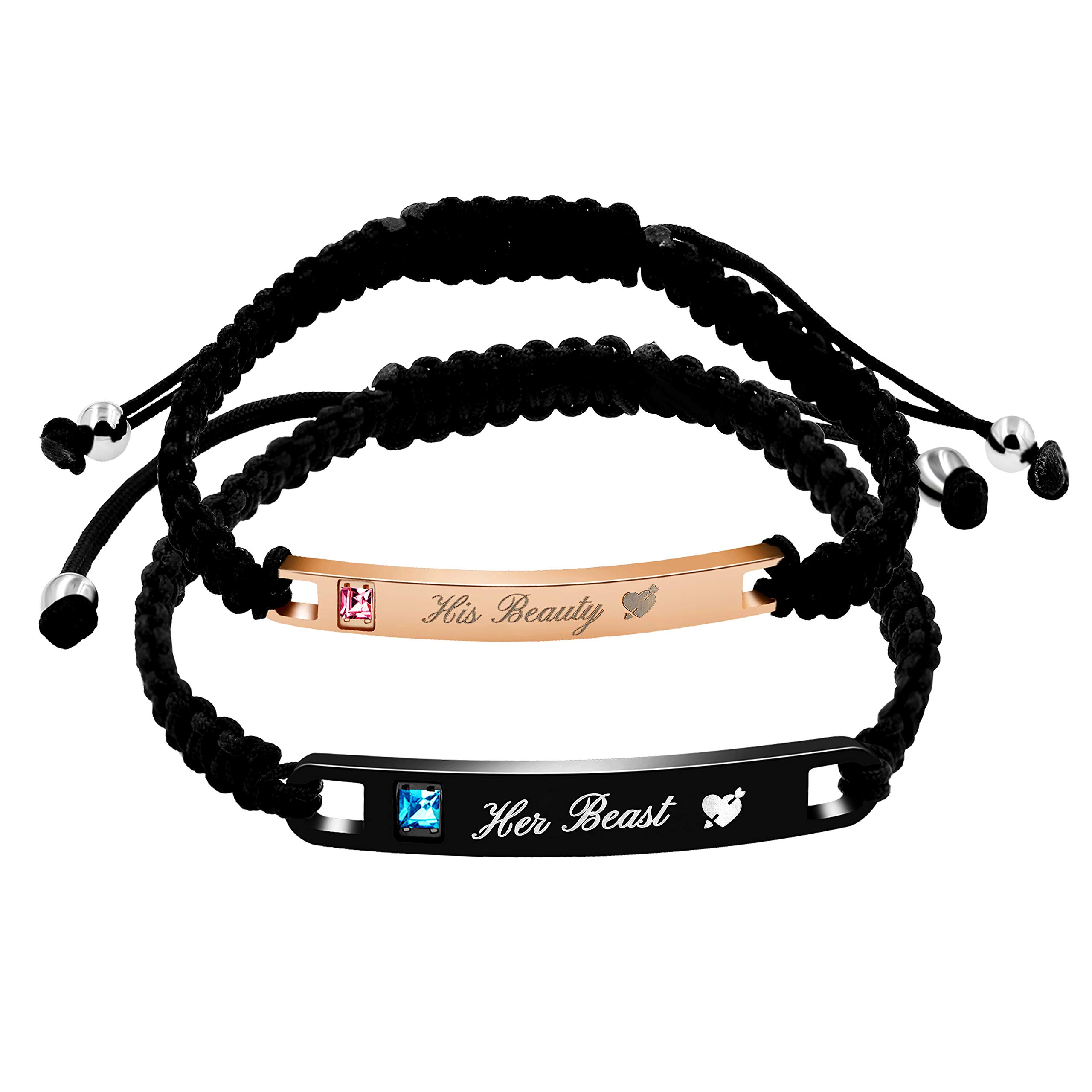 Uloveido His Beauty and Her Beast Couples Bracelets Set, Handmade Rope Braided Matching Bracelets for Women Men (Beauty Beast)