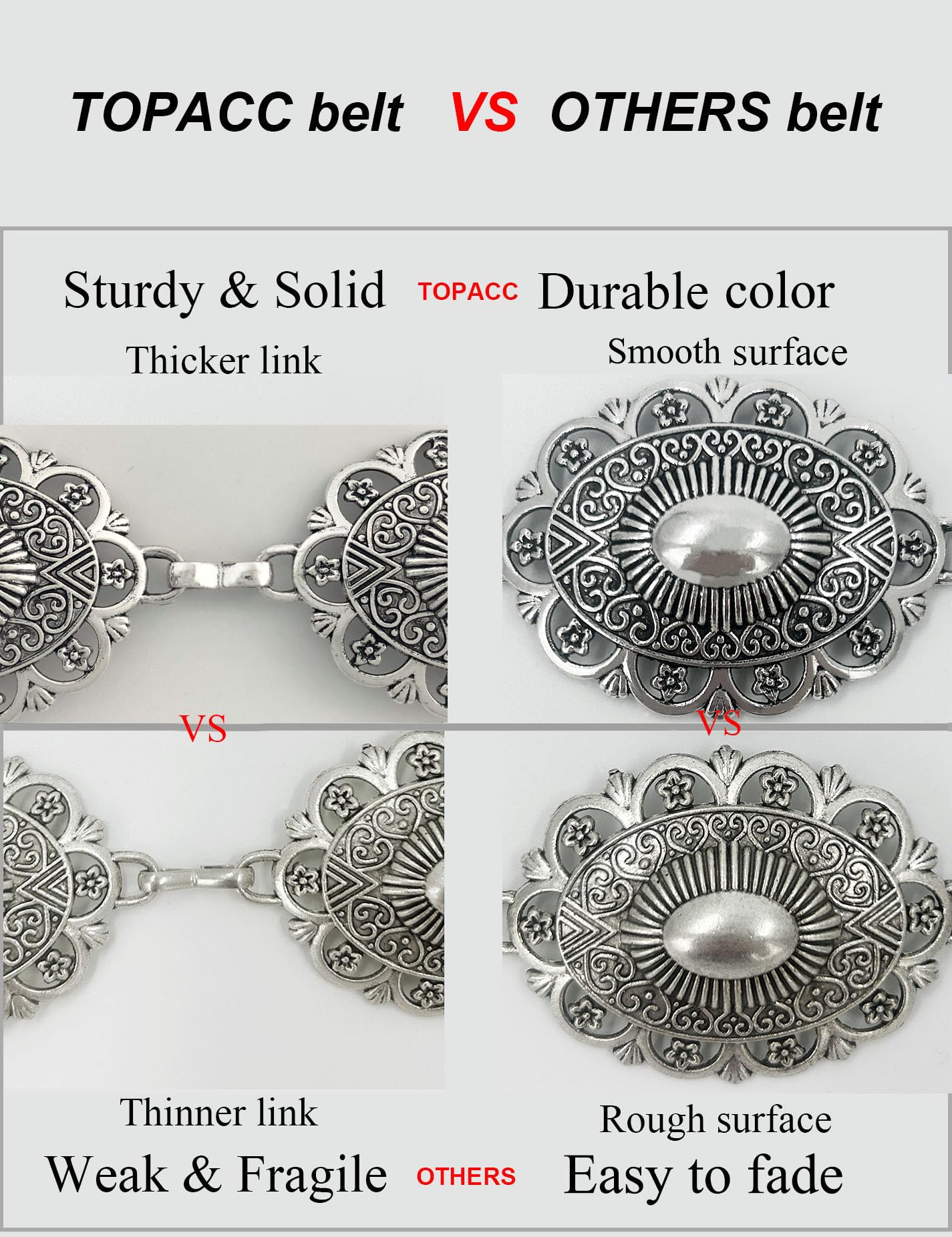 TOPACC Western Metal Concho Belt for Women Cowgirl Chain Belts for Dresses Jeans Country Concert Outfit