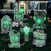 Halloween Tombstones Outdoor Decor, 6 Pack Glow in the Dark Yard Signs | graveyard yard signs, 10 green LED lights, stakes included, light up tombstone decor, lawn, cemetery, Halloween party