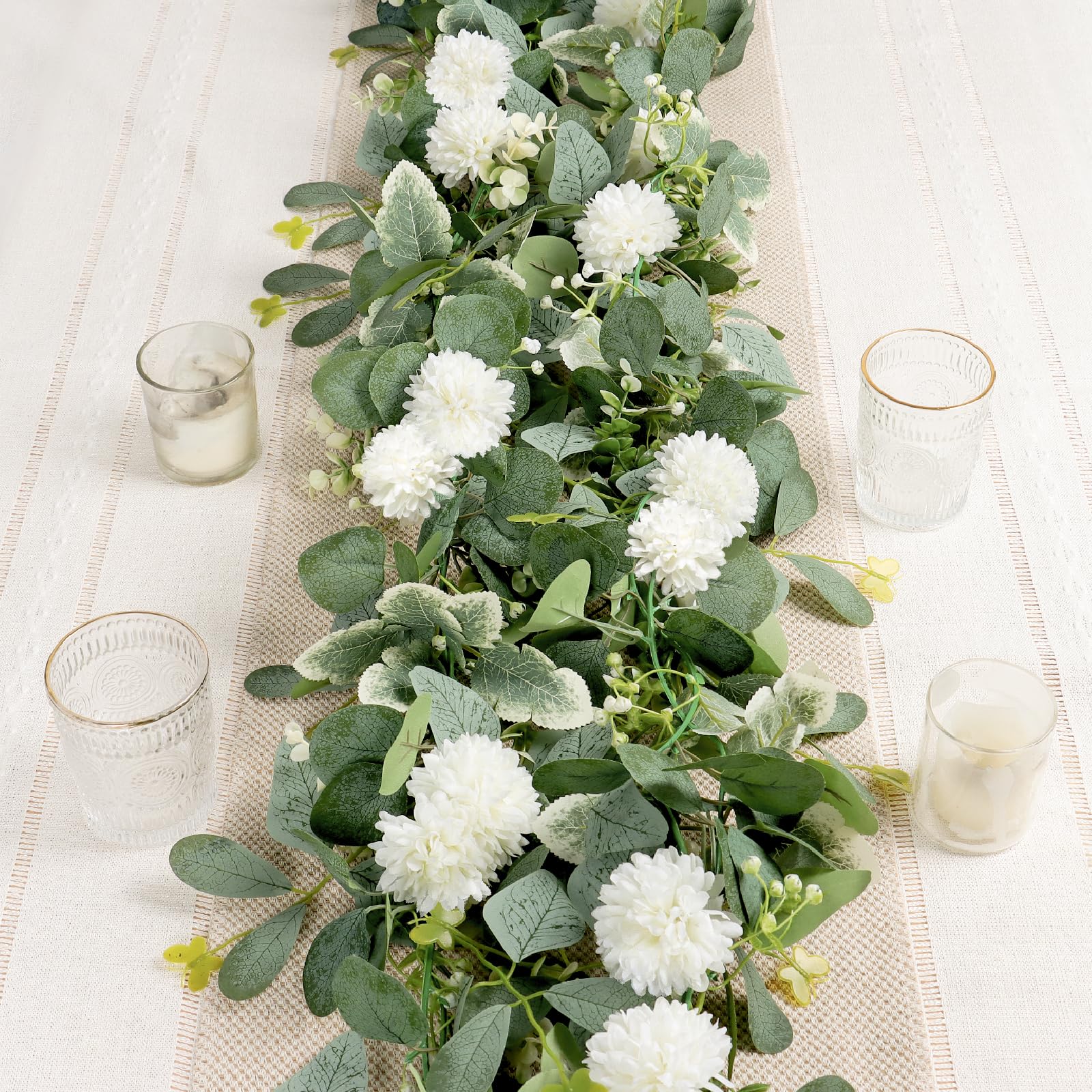 UXORSN 2PCS/13FT Silk Hydrangea Artificial Eucalyptus Flower Garland Faux Greenery Vine Butterfly Leaves Ivy Hanging Plants Fake Floral Garland for Home Wedding Table Centrepiece Decor