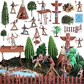 wookidel 44 PCS Native American Figurines Toys Set, Plastic Figurine Toys | Includes Indian Figurines, Trees, Moss, Sand, Stones for Kids Historical Education School Project Birthday Halloween