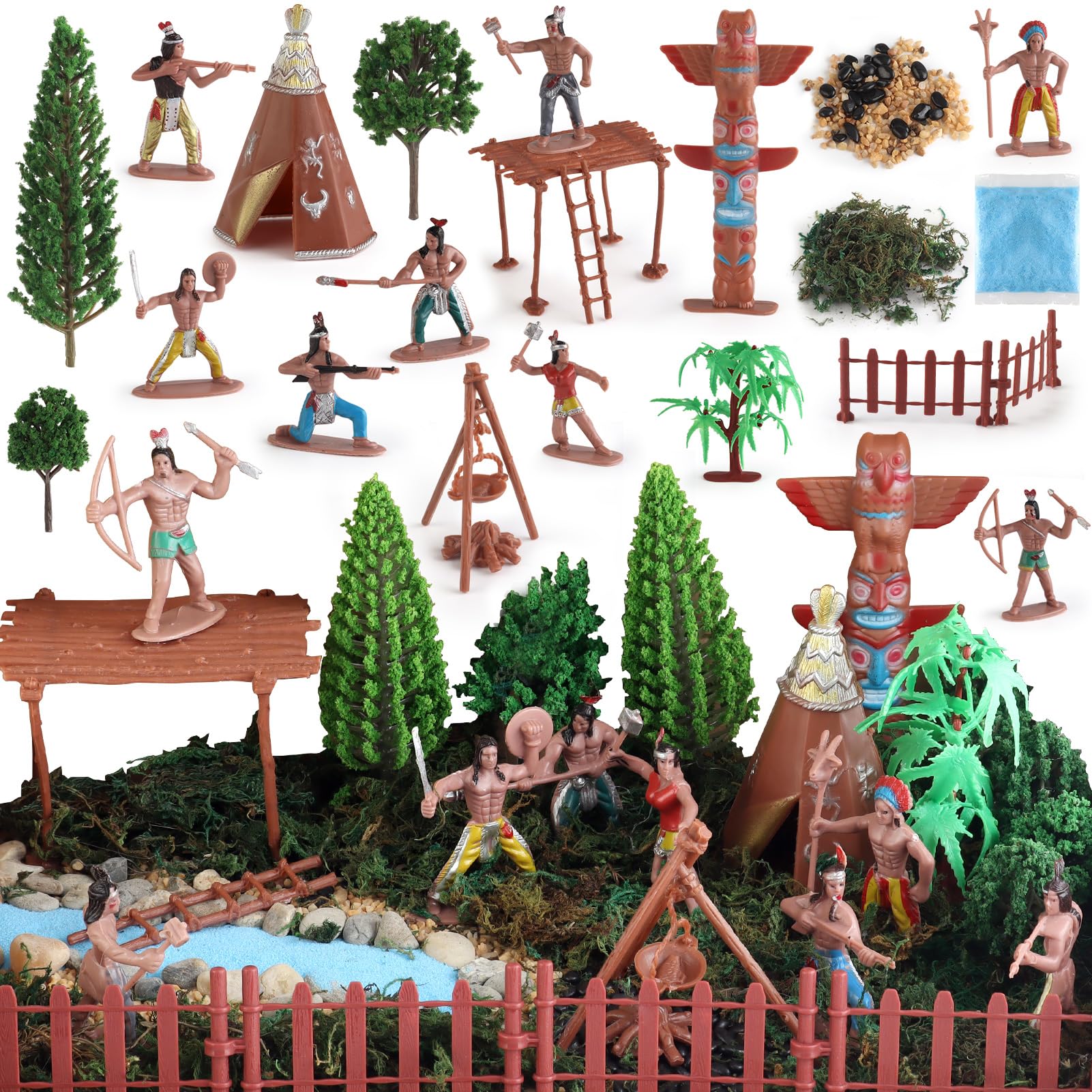 Photo 1 of 44 PCS Native American Indians Figures Toys Set, Plastic Figurine Toys Includes Indian Figurines, Trees, Moss, Sand, Stones for Kids Historical Education School Project Decoration Birthday Halloween