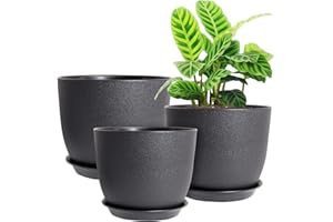 UOUZ 12/10/9 Large Modern Plant Pots, Plastic Planters with Drainage Holes and Saucers for Indoor Outdoor Plants Flowers, Black
