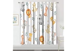 MESHELLY Kids Safari Animals Curtains 42Wx63H Inch Rod Pocket Jungle Woodland Cartoon Cute Lion Elephant Bedroom Window Drapes Baby Child Nursery Printed Living Room Window Treatment Fabric