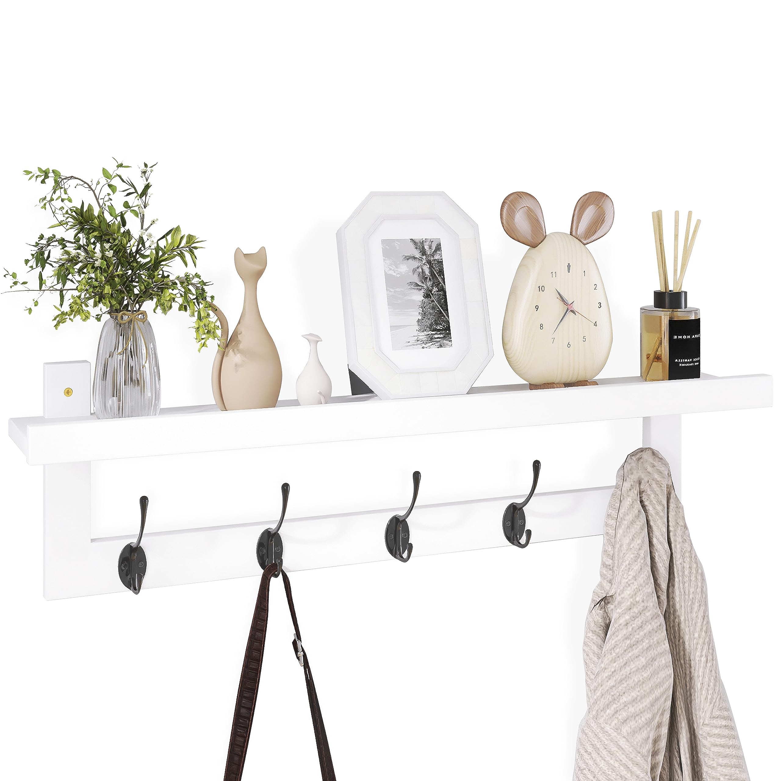 SMIBUY Coat Hooks with Shelf Wall-Mounted, 74 cm Entryway Coat Rack for Wall, Bamboo Hanging Shelf with 5 Double Metal Hooks for Bathroom, Bedroom, Kitchen, Living Room, Mudroom (White + Black)