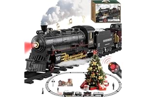 BUBUQE Electric Remote Control Train Set Christmas Trains Steam Locomotive, Cargo Car & Tracks, Rechargeable Train Toys for Kids w/3 Smoke,Whistle & Lights, Christmas Birthday Gift for Boys Girls 3 4 5 6 7
