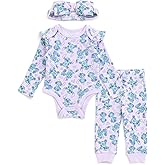 Disney Baby Girls Ribbed Bodysuit, Jogger Pants & Headband 3 Piece Outfit Set Newborn to Infant Sizes (Newborn - 24 Months)