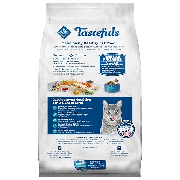 BLUE BUFFALO TASTEFULS ADULT DRY CAT FOOD FOR WEIGHT MANAGEMENT, MADE IN THE USA WITH NATURAL INGREDIENTS, CHICKEN RECIPE, 3-LB. RESEALABLE BAG