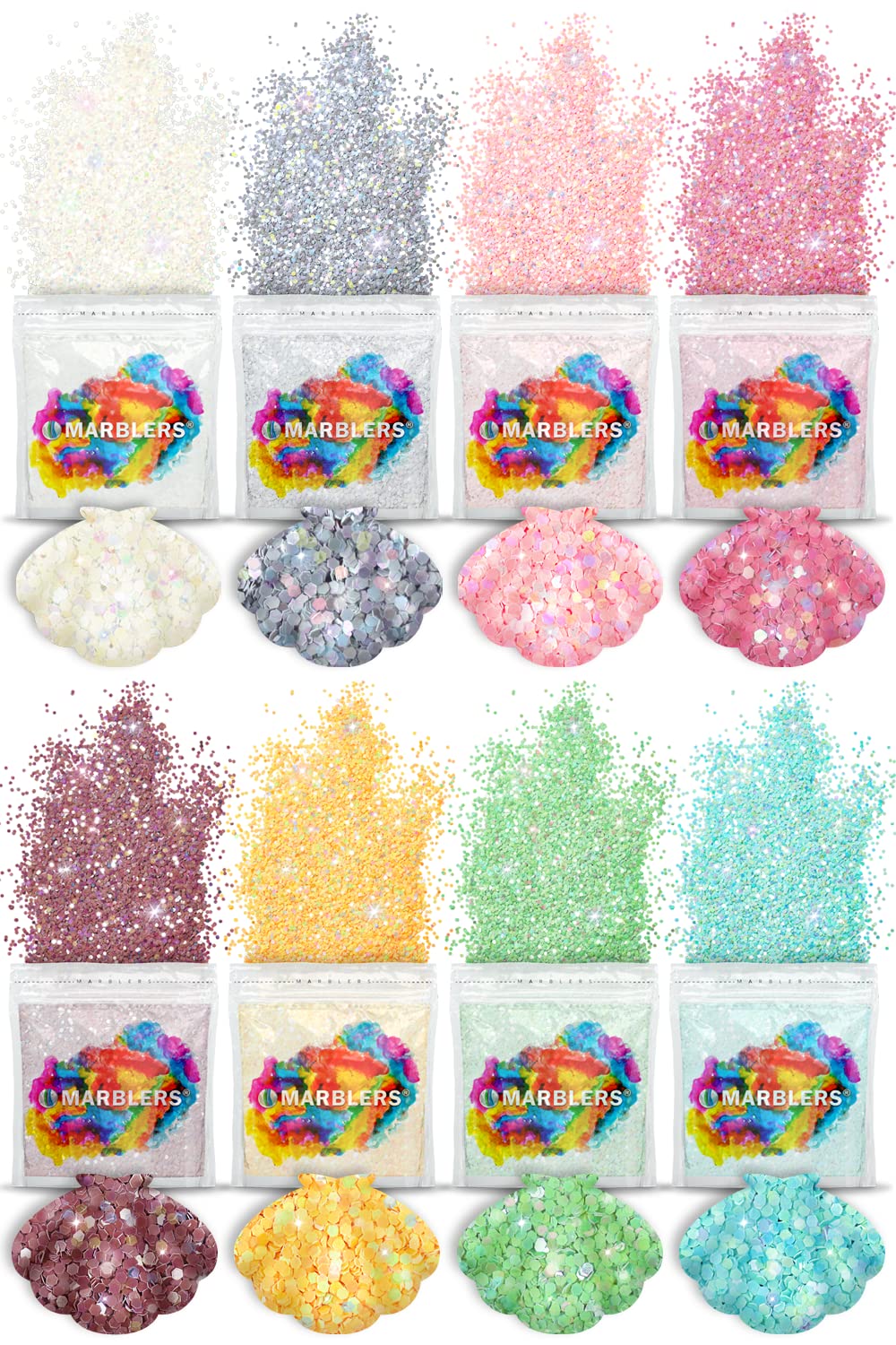 MARBLERS Holographic Glitter [Mermaid Set] 4oz (112g) | 8 Colours | Chunky | Non-Toxic, Vegan, Cruelty-Free | Face, Body, Eyeshadow, Hair, Party Makeup | Nail Art, Polish, Resin, Tumbler, Slime, Craft
