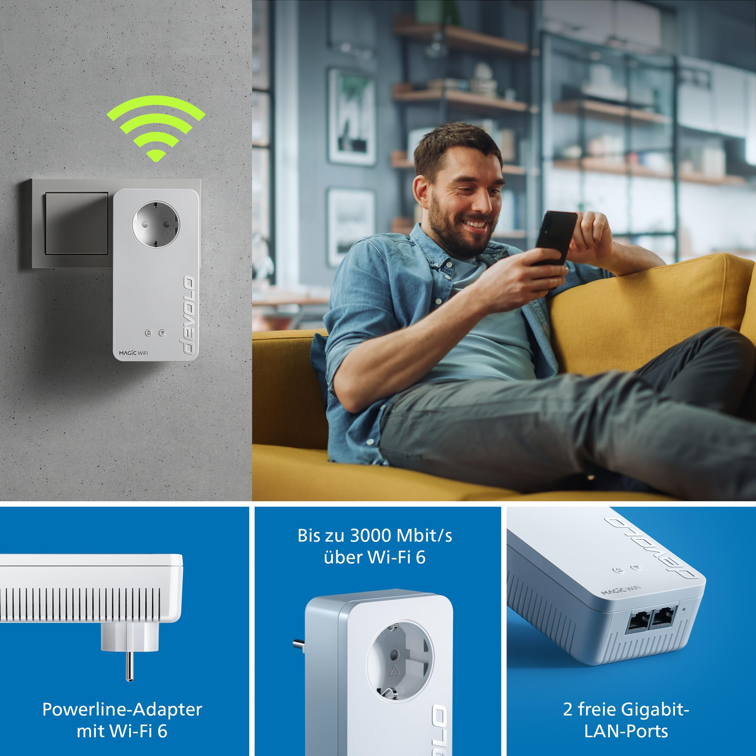 devolo Magic 2 WiFi 6 Next Starter Kit, WLAN Powerline Adapter, bis zu 3.000 Mbit/s über Wi-Fi 6, Mesh WLAN Steckdose, 2X Gigabit LAN, weiß 2