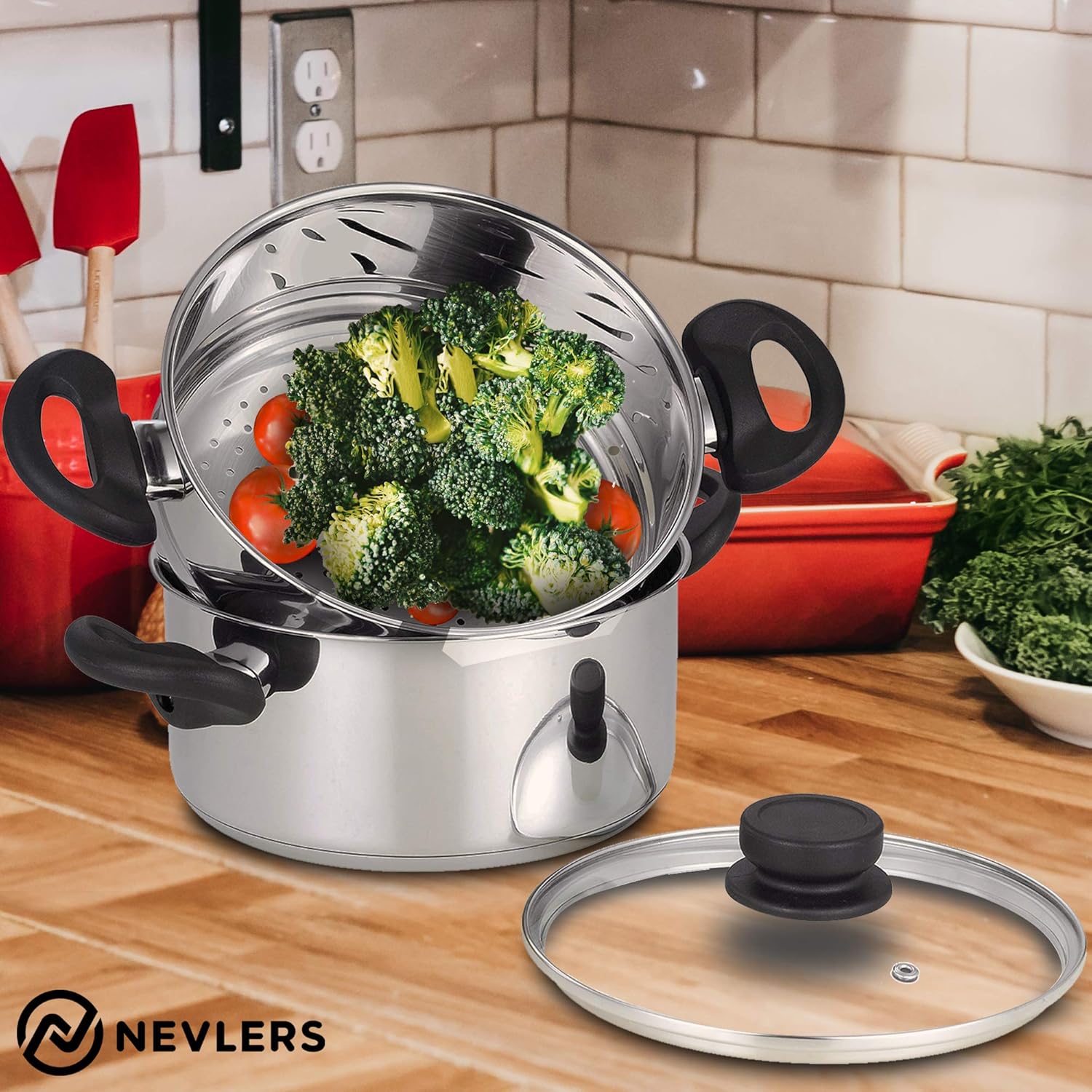 Nevlers Stainless Steel 3 Quart Steamer Pot with 2 Quart Steamer Insert and Glass Vented Lid - 3 Piece Set - Safe and Durable - Great Addition to Every Kitchen: Kitchen & Dining