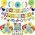 Summer Beach Party Decorations, Beach Theme Pool Birthday Party Supplies Including Birthday Banner Beach Garland Paper Lanterns Beach Balls Cupcake Toppers Balloons Set for Hawaiian Luau Party