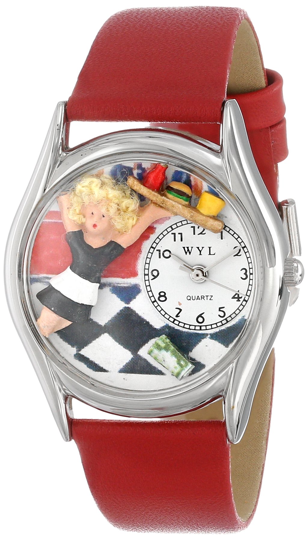 Whimsical Watches Waitress Red Leather and Silvertone Unisex Quartz Watch with White Dial Analogue Display and Multicolour Leather Strap S-0630013