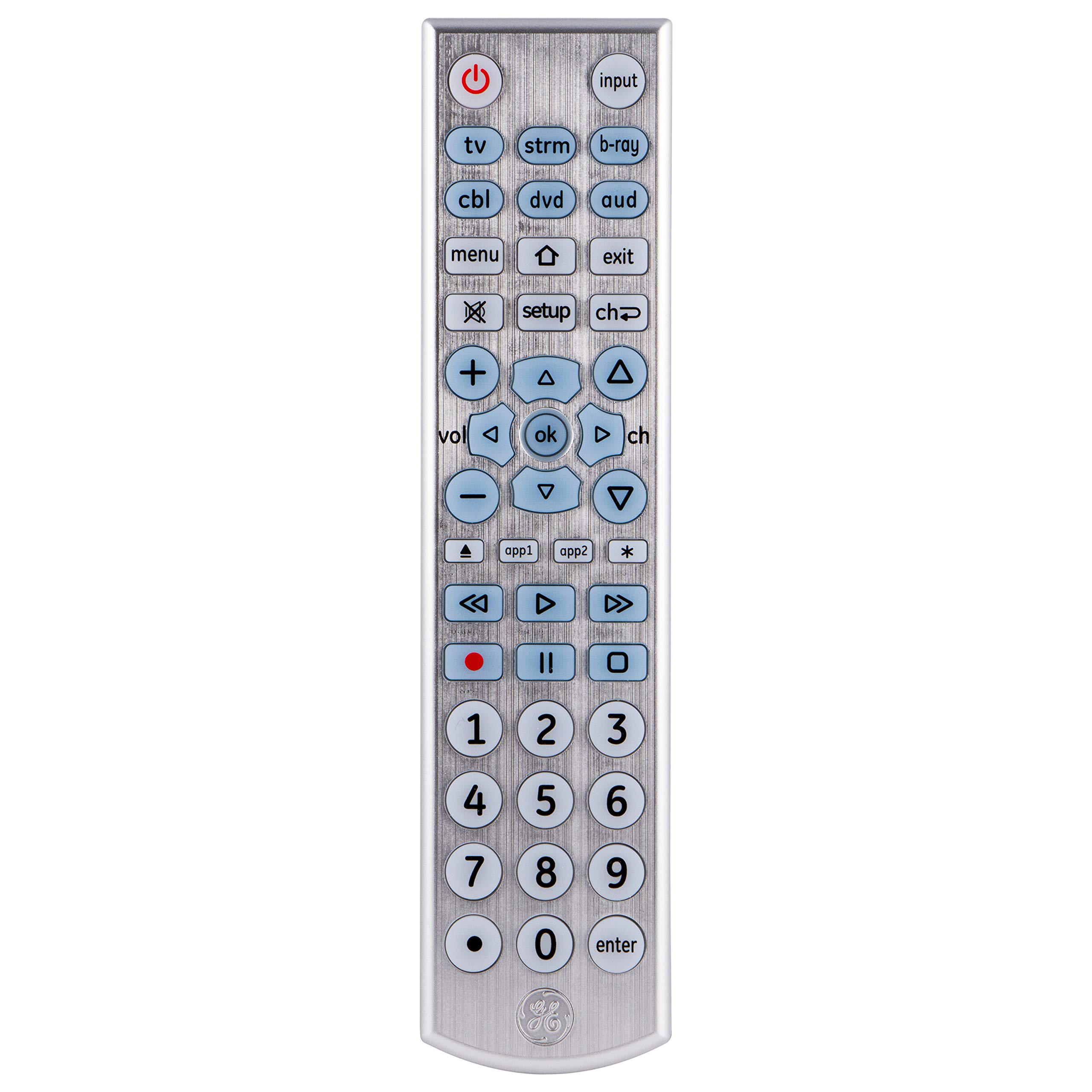 Photo 1 of GE Big Button Backlit Universal Remote Control for Samsung, Vizio, Lg, Sony, Sharp, Roku, Apple TV, TCL, Panasonic, Smart TVs, Streaming Players, Blu-Ray, DVD, 6-Device, Silver, 33712