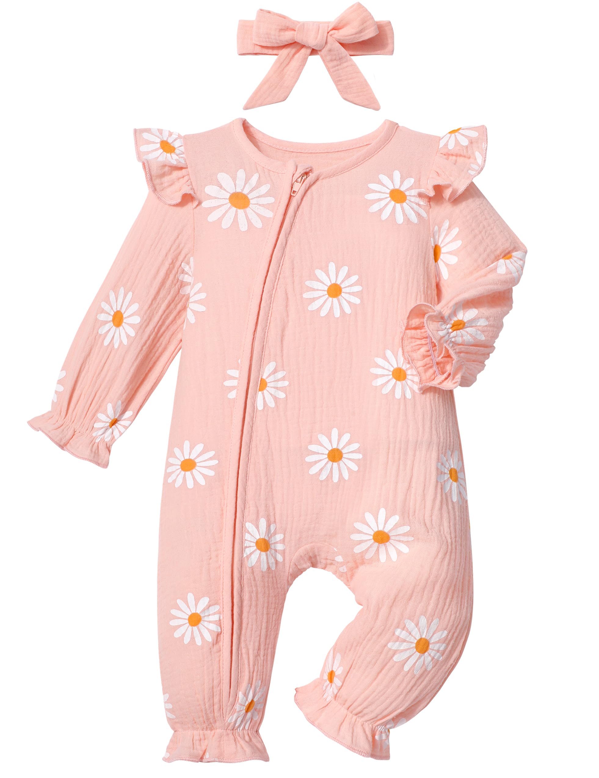 Photo 1 of Von kilizo Baby Girl Clothes 6-9 Months Daisy Pink Baby Girl Outfits 6-9 Months Ruffle Long Sleeve Onesie Zip Up Jumpsuit Romper With Headband Fall Winter Spring