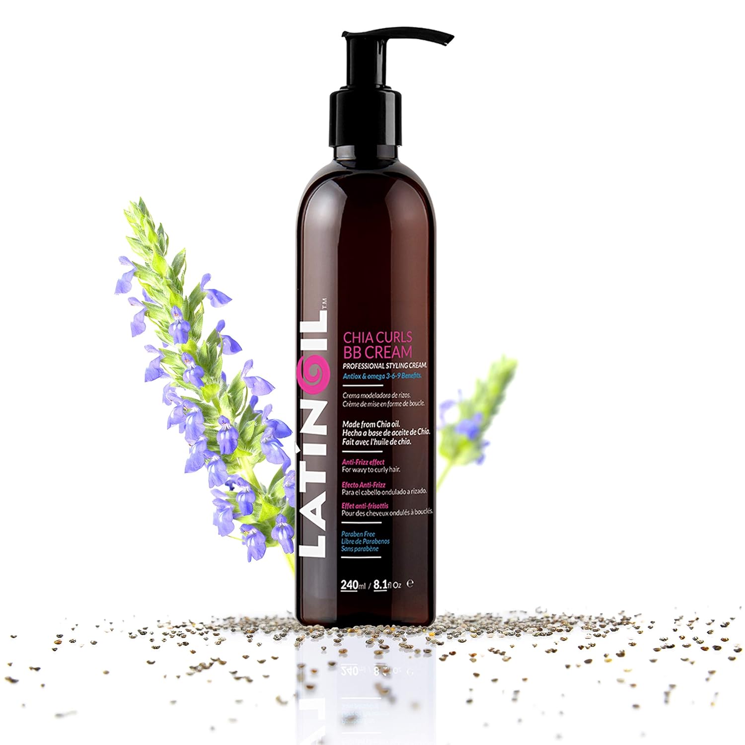 LatinOil Curl Defining BB Cream - Chia Seeds Oil Leave-In Conditioner for Curly Hair | Anti Frizz Hydrating Moisturizing Treatment & Styling | Bouncy Curls Enhancing Creme | Perm Hair Care - 8.1 Oz