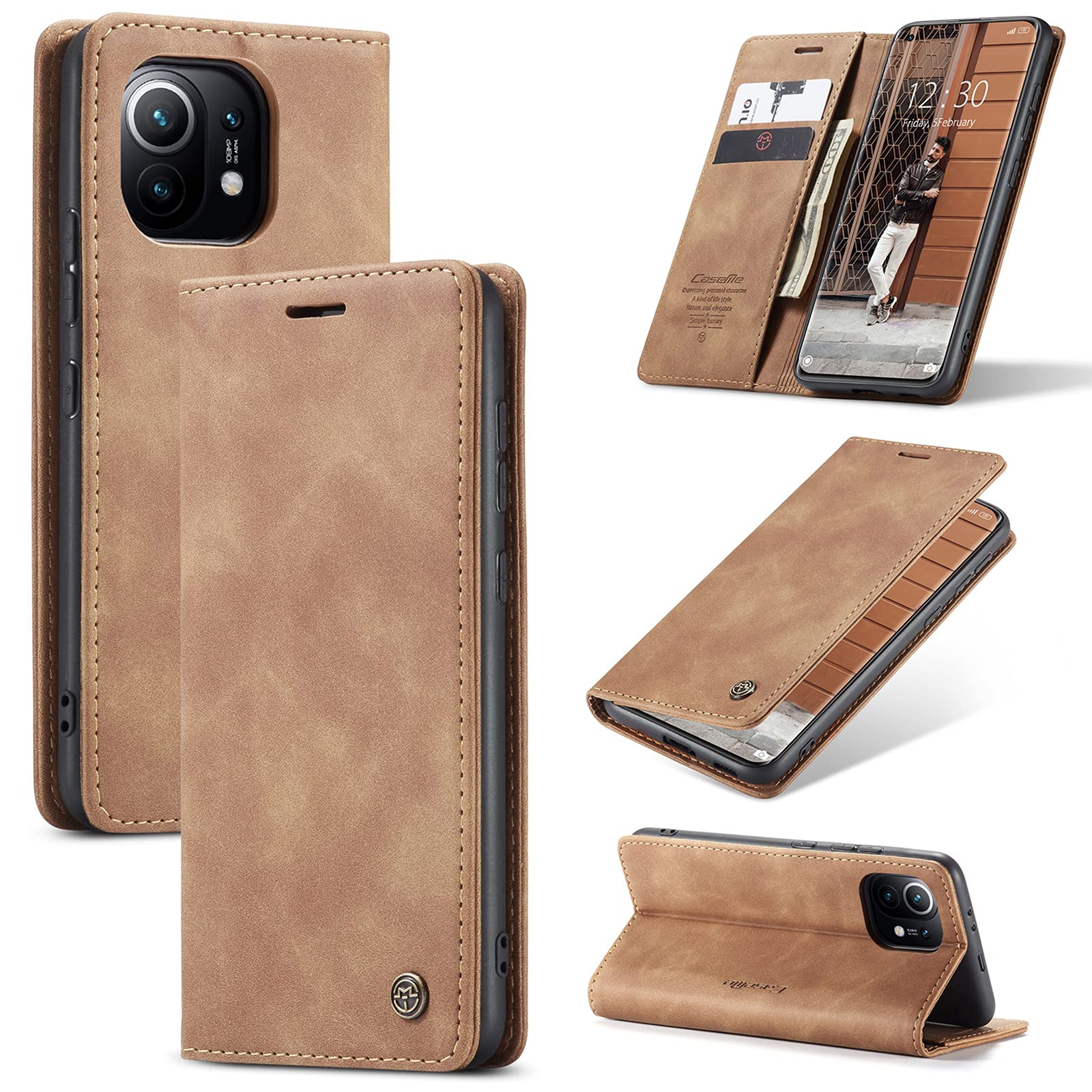 UFinetech Case for Xiaomi Mi 11, Leather TPU Cover Shell for Xiaomi Mi 11 5G, Slim Soft Flip Folio Magnetic Closure Kickstand Card Holder Wallet 2-in-1 Shockproof Anti-scratch Camera Protector, Brown