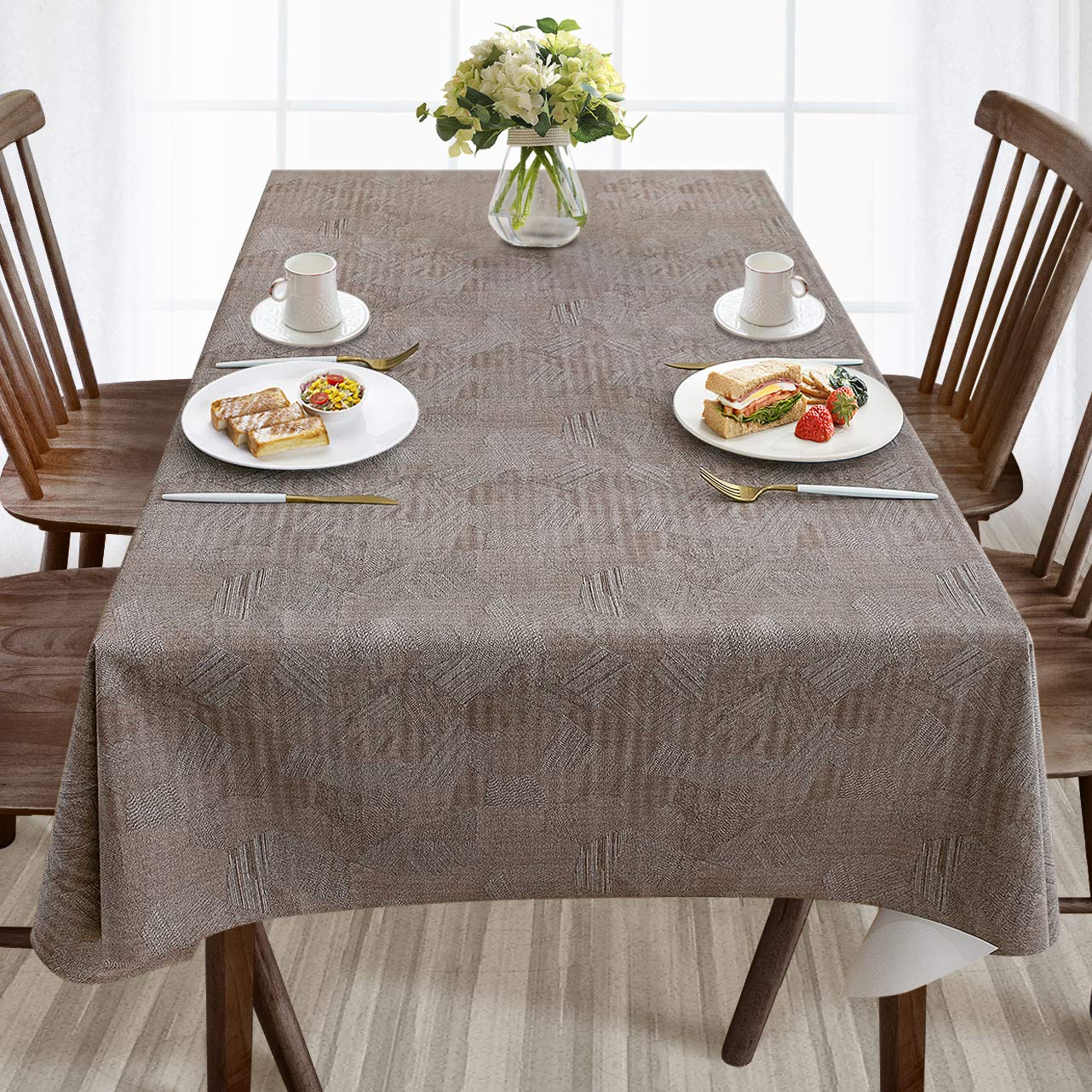 Photo 1 of AIRCOWRIE Waterproof Vinyl Tablecloths, Heavy Duty Oil Proof Spill Proof Plastic Table Cloth, Wipe Clean PVC Table Cover for Spring Indoor and Outdoor Use (Brown, 54”×108”, Rectangle)