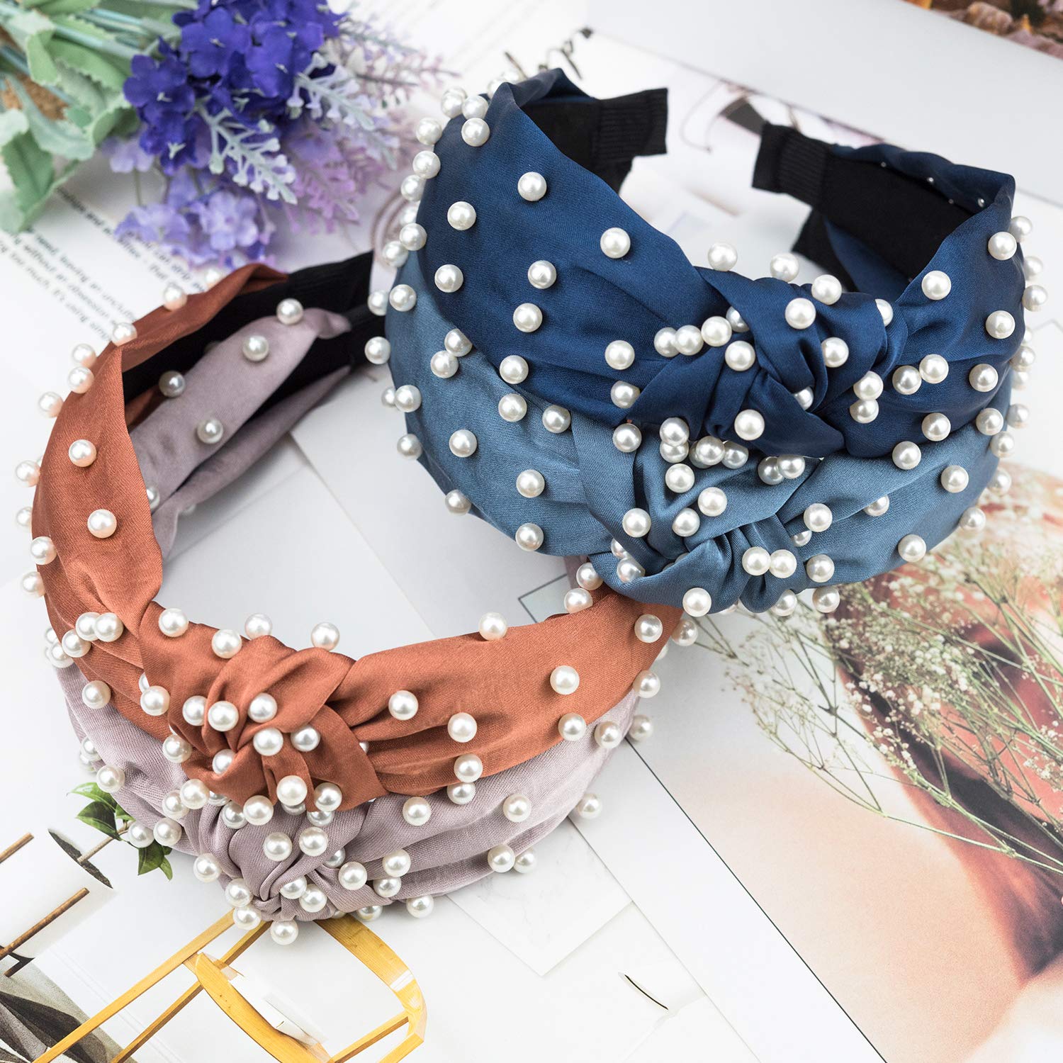 EAONE Pearl Headbands Knotted Headbands for Women 6 Colors, Knot Turban Headband Fashion Hair Bands Wide Headbands Hair Accessories for Girls with 1 Pouch Bag : Beauty