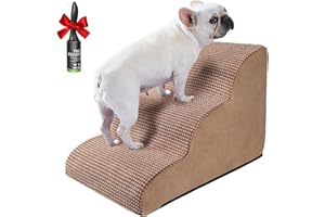 Ryoizen Dog Stairs Ramp for Small Dogs, Pet Stairs Tool for High Bed Couch, Dog Ladder as Puppy Stuff, 3 Tiers Non-Slip Pet Stairs with High Density Foam, Gifts Lint Roller for Dogs, Tan Brown