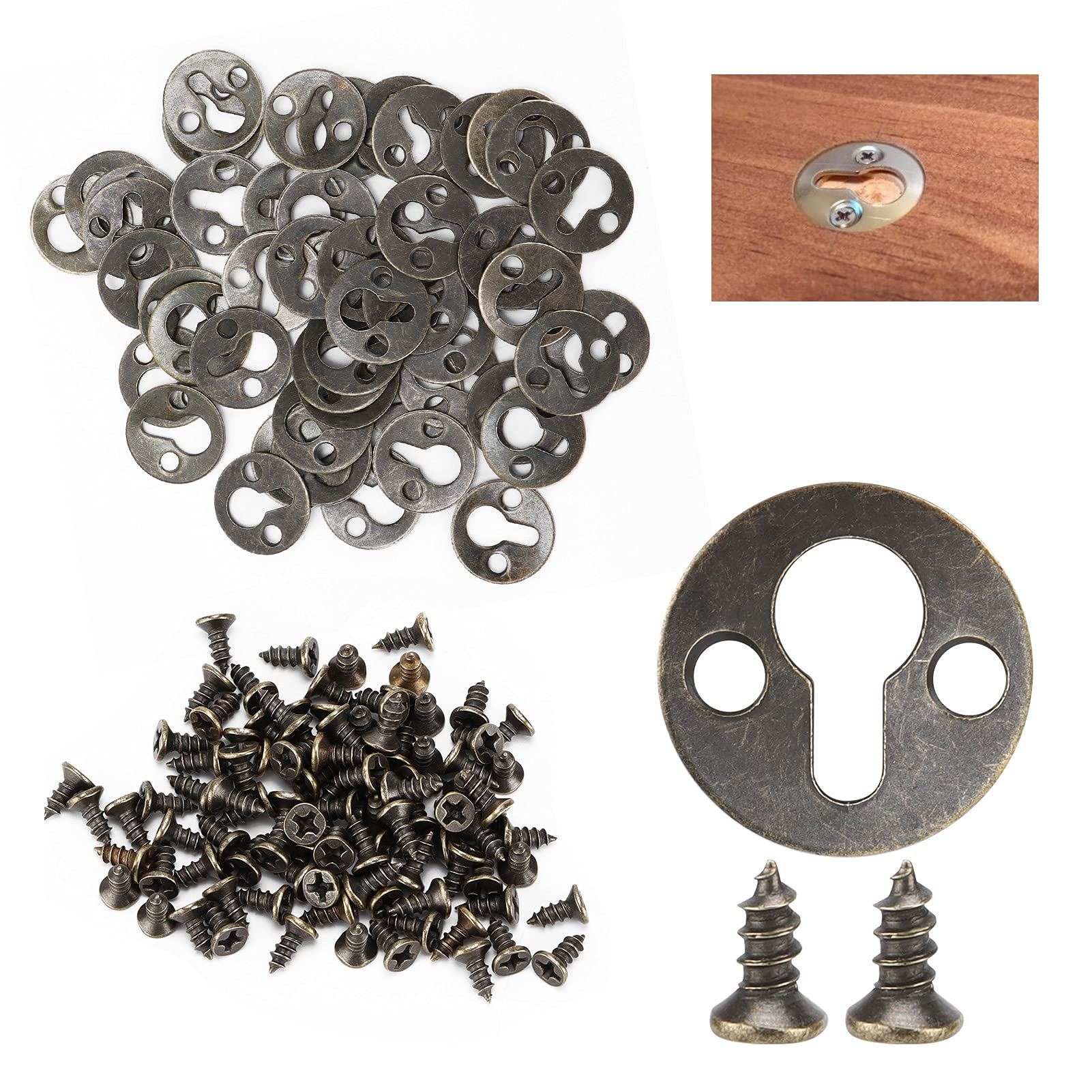 Keyhole Hanger,50 Pcs Keyhole Shelf Vintage Metal Double Hole Round Type Keyhole Brackets with 100 Screws for Photo Picture Frame Hanging, Bronze Tone