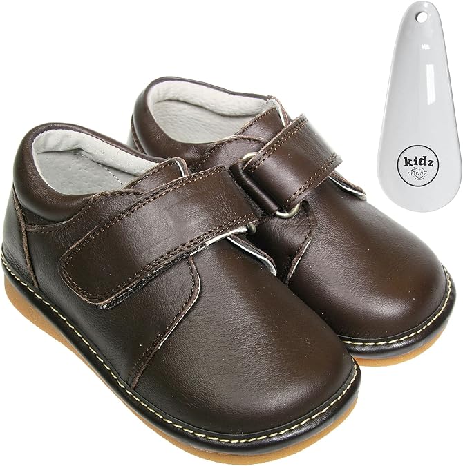 Freycoo Boys Toddler Childrens Kids Real Leather Squeaky Shoes Dark