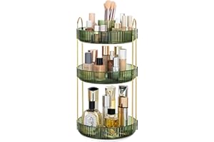 Vorey 360 Rotating Makeup Organizer Countertop with Cosmetic Brush Holder, 3 Tier Bathroom Organizer Spinning Perfume Organizers Skincare Organizers Makeup Carousel Cosmetic Brush Storage, Green