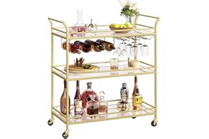 VASAGLE Bar Cart Gold, Large Home Bar Serving Cart with 3-Tier Mirrored Shelf, Wine Holders, Glass Holders, Kitchen, 15 x 33.9 x 35.4 Inches, Gold ULRC083A02