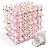 LotFancy (24 Count x 12 Sets) Mini Cupcake Containers with 288 Liners, Plastic Cupcake Boxes Holder, BPA Free, Clear Disposable Cupcake Carriers with Detachable Dome Lid