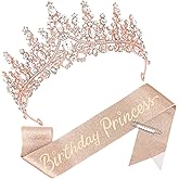 CAVETEE Birthday Princess Crown and Sash, Birthday Crown with Glitter Sash for Princess Party Decorations Happy Birthday Accessories for Women