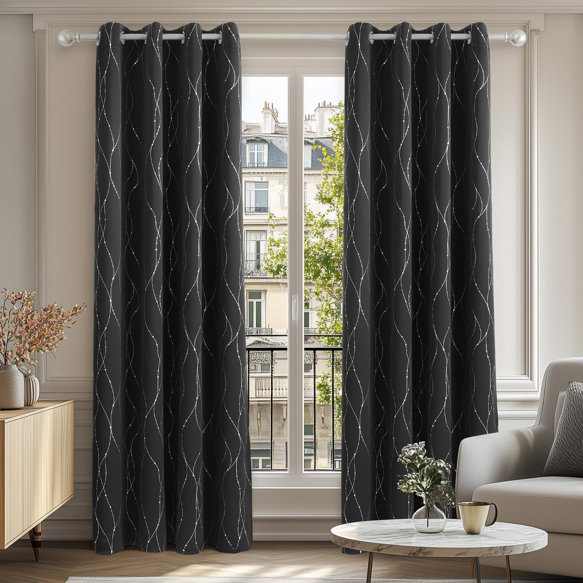 Deconovo Super Soft Dotted Line Foil Printed Thermal Insulated Window Treatment Eyelet Blackout Curtains for Bedroom 46 x 90 Inch Black Two Panels